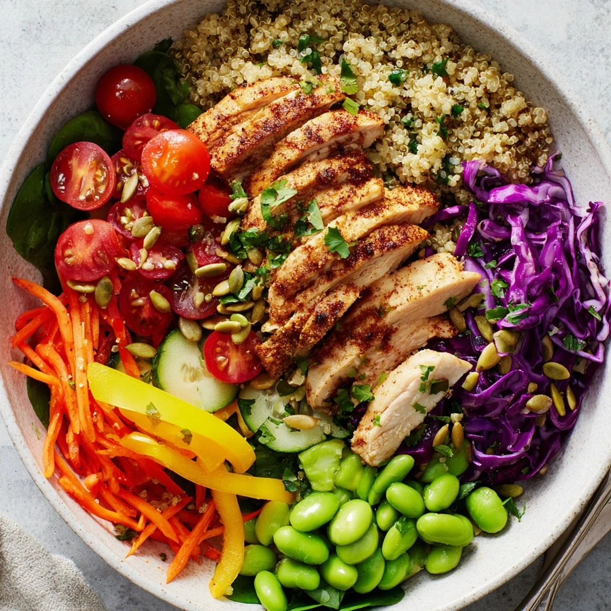 Colorful healthy meal-prep bowls featuring grilled chicken and vibrant vegetables.  