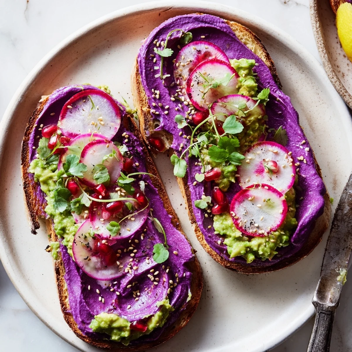 Vibrant breakfast toasts topped with ube spread, avocado, and fresh garnishes.  