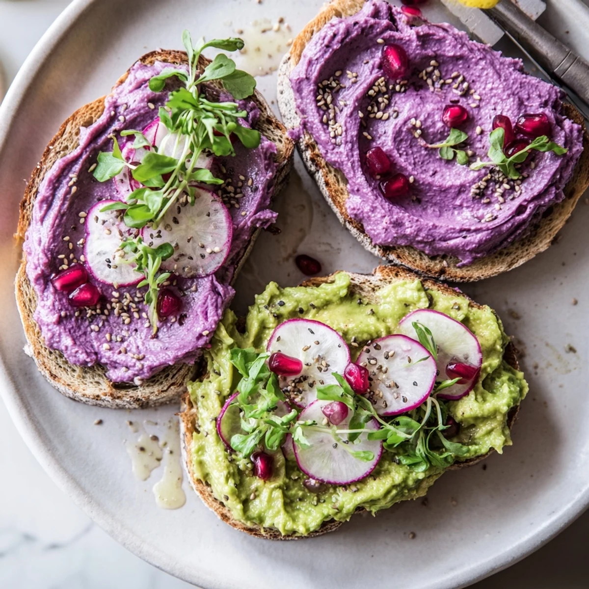 Bright & Bold Breakfast Toasts featuring colorful layers of ube, avocado, and radishes.  