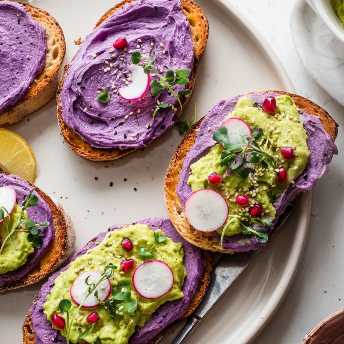Lively breakfast toasts adorned with ube jam, creamy avocado, and crunchy pomegranate.