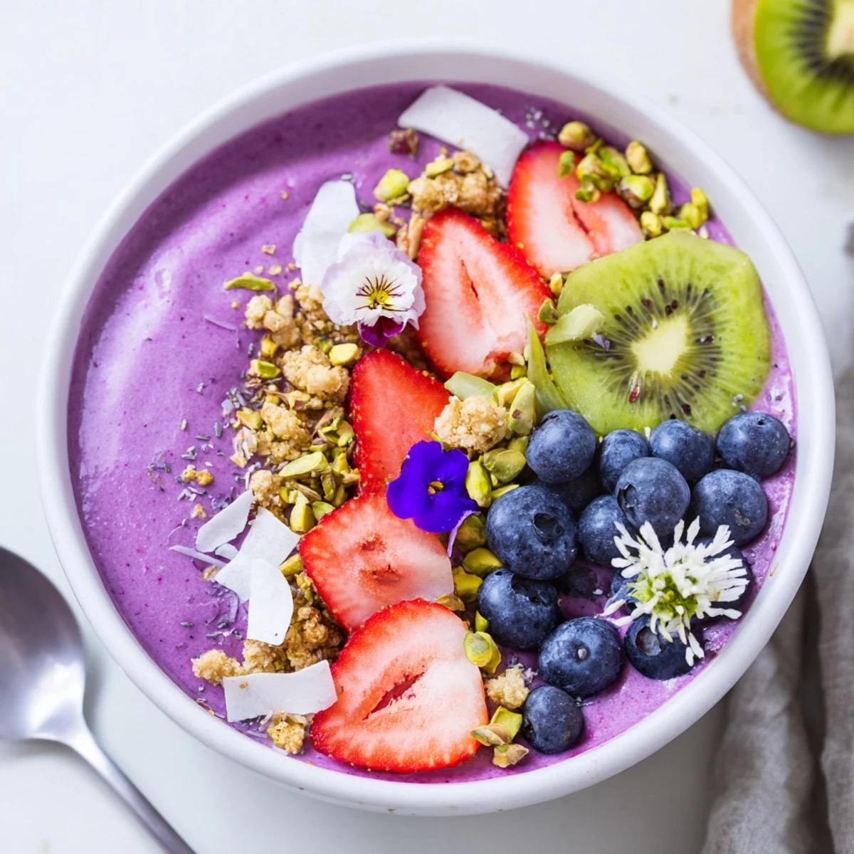 A vibrant smoothie bowl featuring purple yam, berries, and pistachio toppings.  
