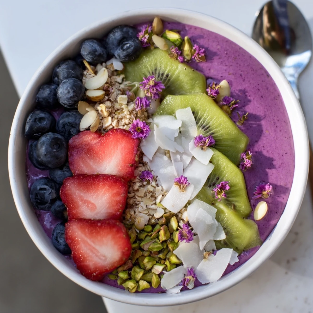 Delightful breakfast bowl filled with colorful fruits and creamy purple yam smoothie.  