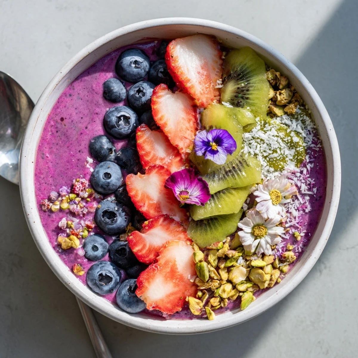 Nutrient-packed smoothie bowl garnished with kiwi, berries, and crunchy granola bites.
