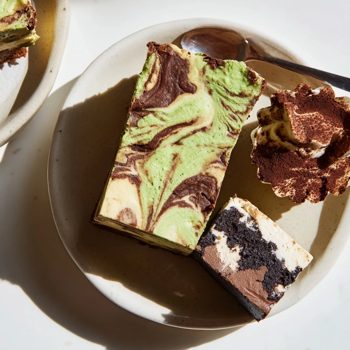 Decadent matcha-miso brownies topped with chocolate, perfect alongside a latte.  