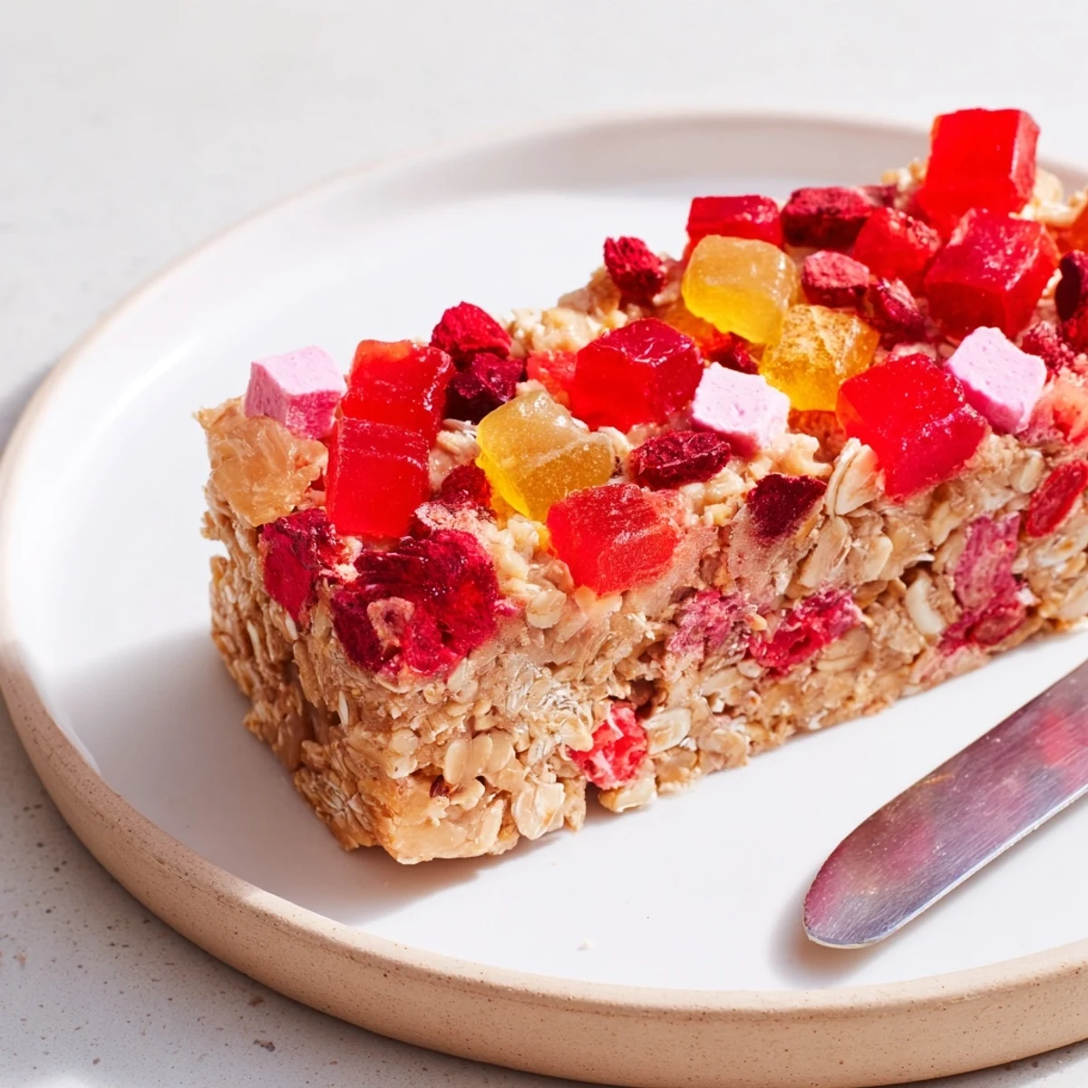 Colorful homemade gummies layered on a wholesome oat base for delightful snack bars.  