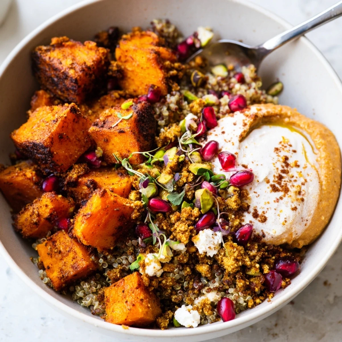 Warm spiced winter bowls filled with roasted veggies, ube-coconut purée, and toppings. 