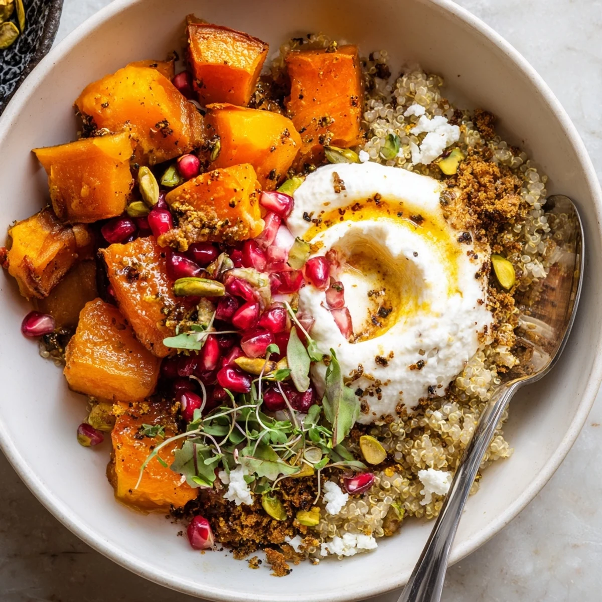 Cozy spiced winter bowls showcasing vibrant vegetables, topped with pistachio-maple crumble. 
