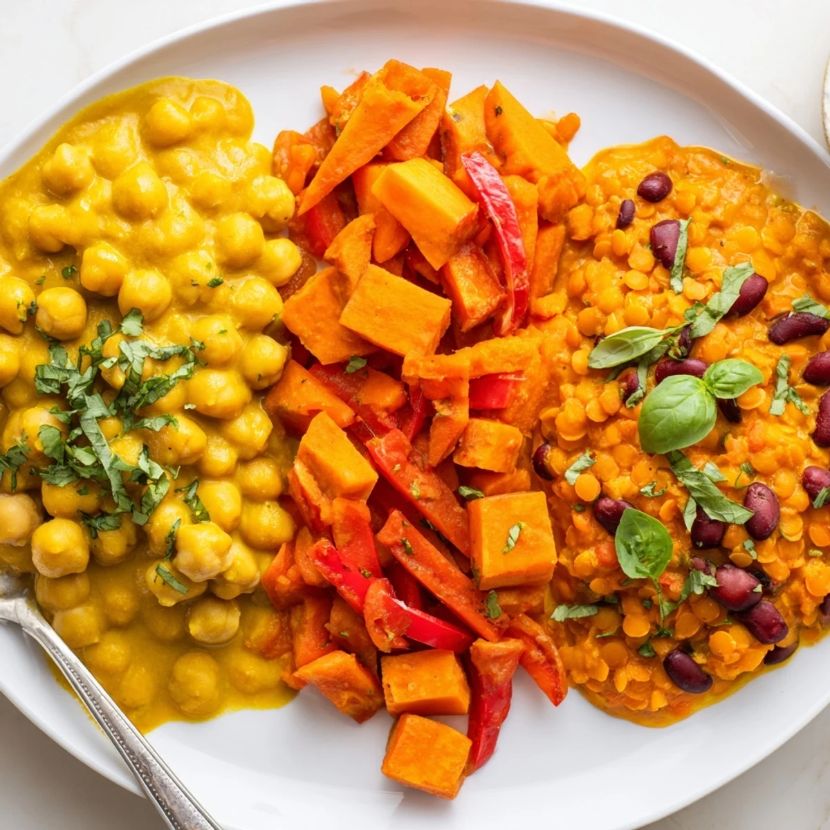 Delicious Indian chickpea curry garnished with fresh cilantro and served in a skillet.  