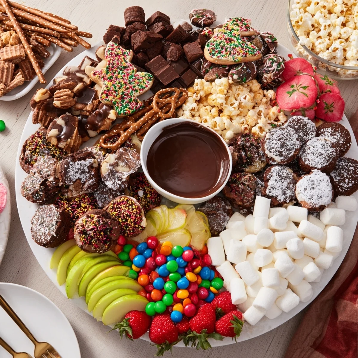 Colorful dessert board with themed snacks, featuring fruits and chocolate treats.  