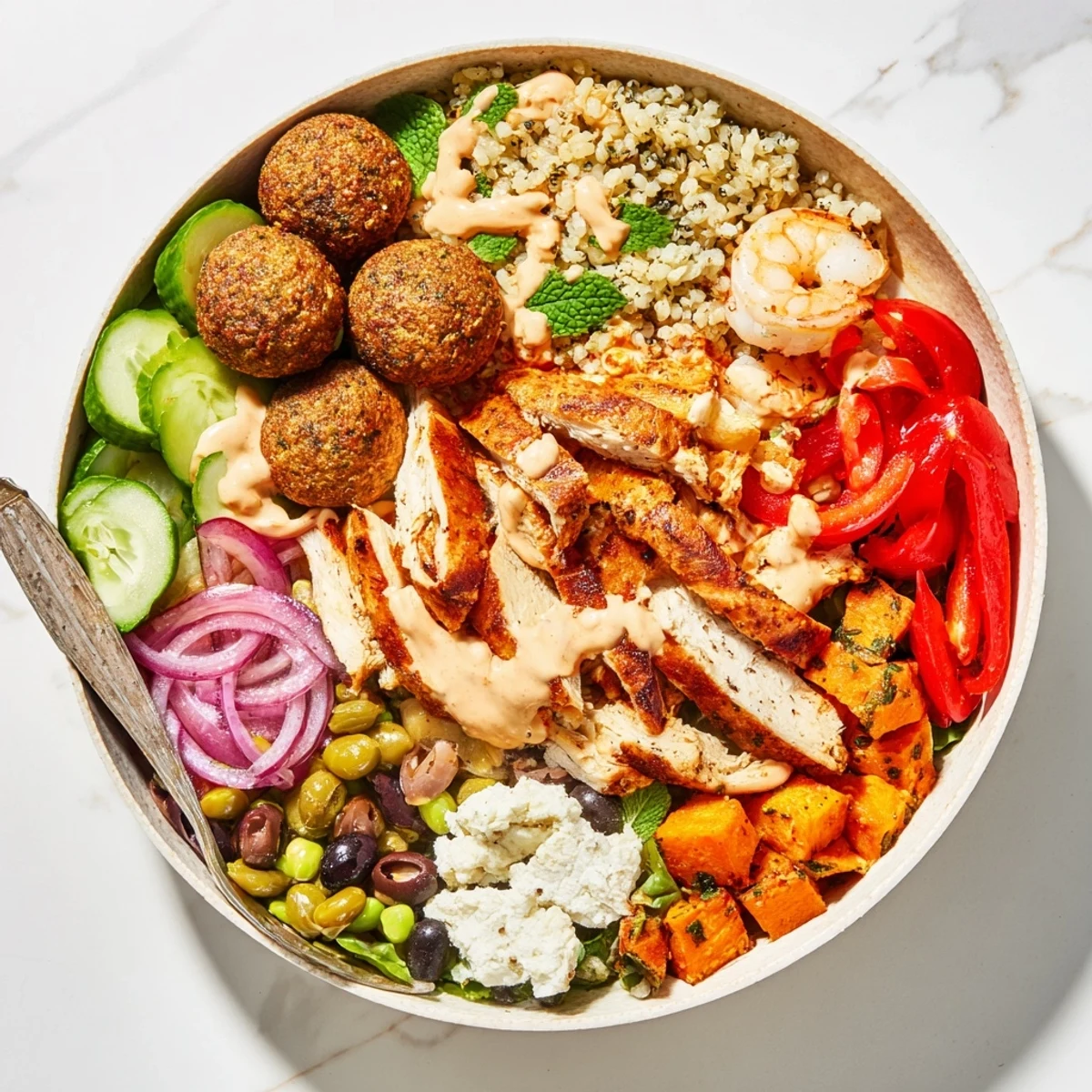 A colorful display of Interactive Plated Meals with fresh ingredients ready for customization.  