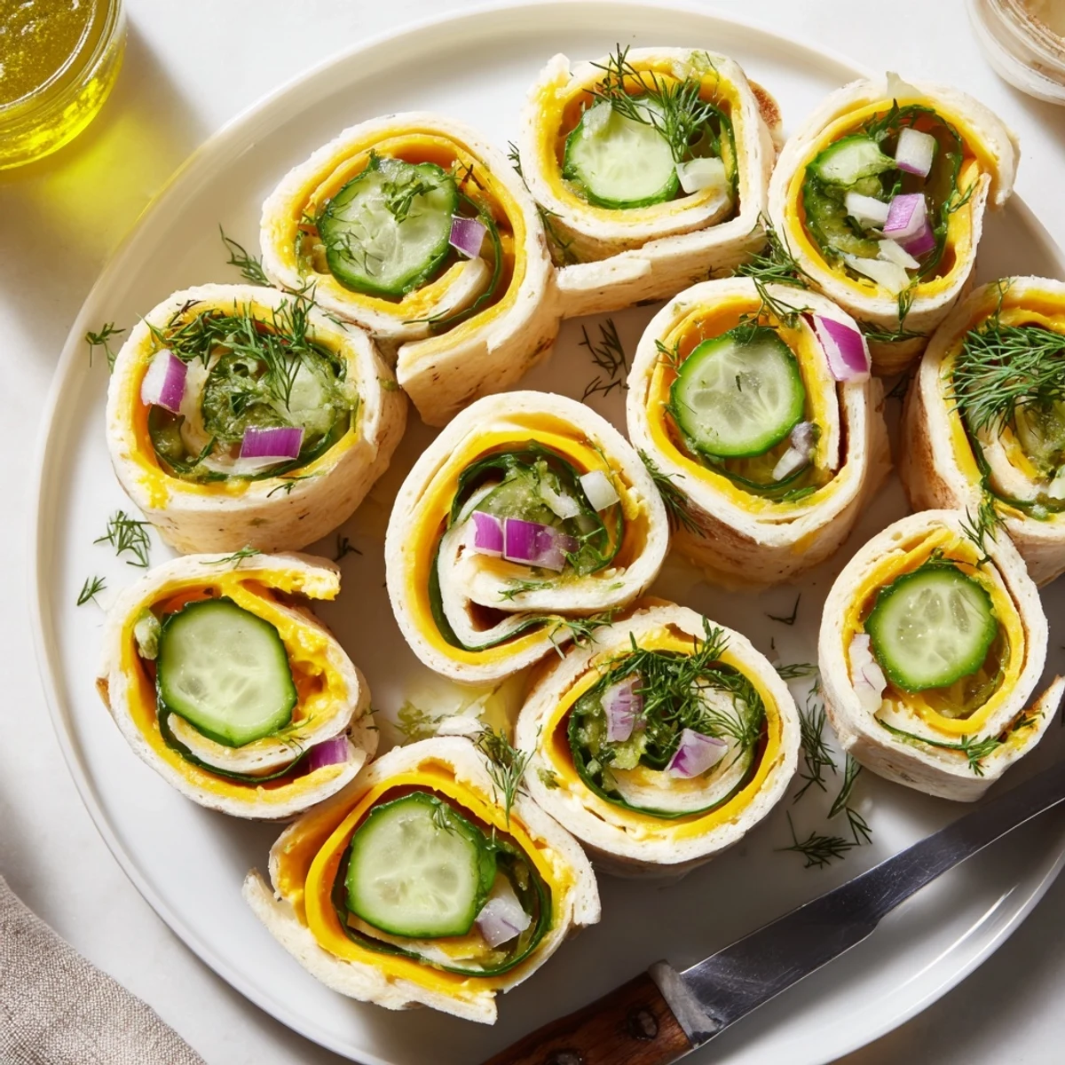 Savory pickle-in-a-blanket appetizer, rolled with dill and creamy cheese layers.  