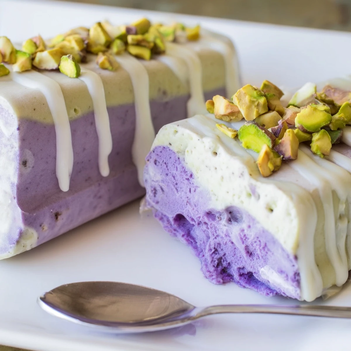 Vibrant ube and rich pistachio ice cream bars, a fusion dessert for gatherings.