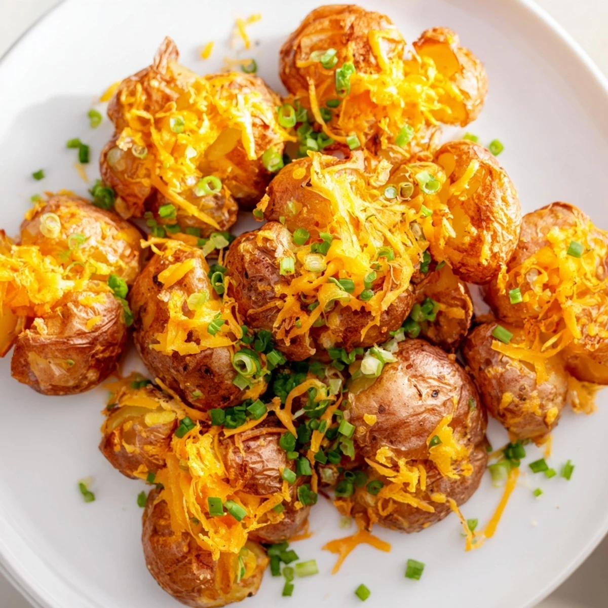 Crispy Smashed Green Onion Potato Bombs topped with melted cheese and fresh herbs.  