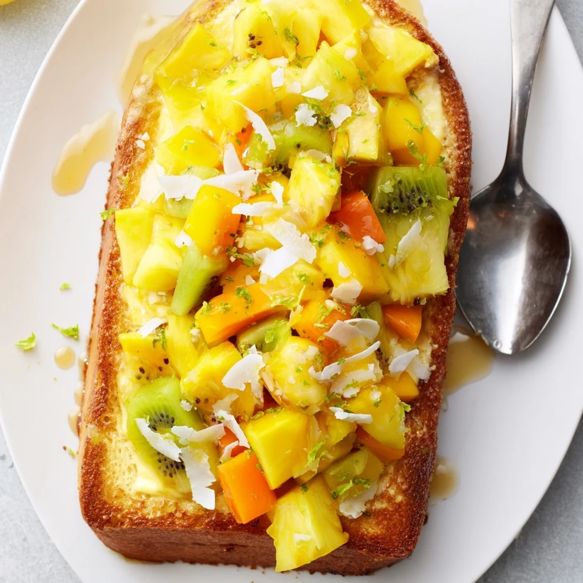 Deliciously baked Yogurt-Custard Toast 2.0 drizzled with honey and vibrant fruits.  