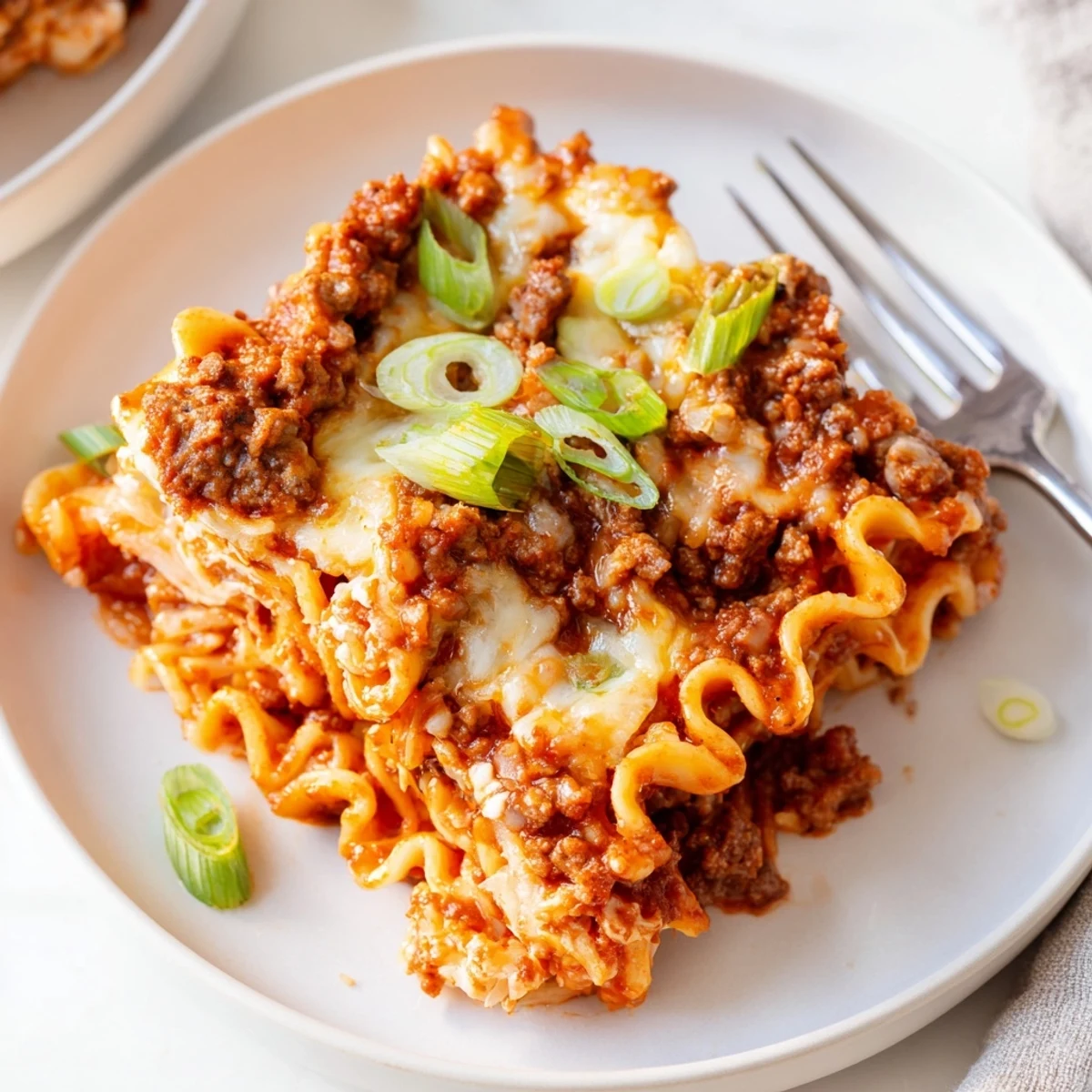 A vibrant Spicy Ramen Lasagna, layered with cheesy goodness and spicy ground pork.  
