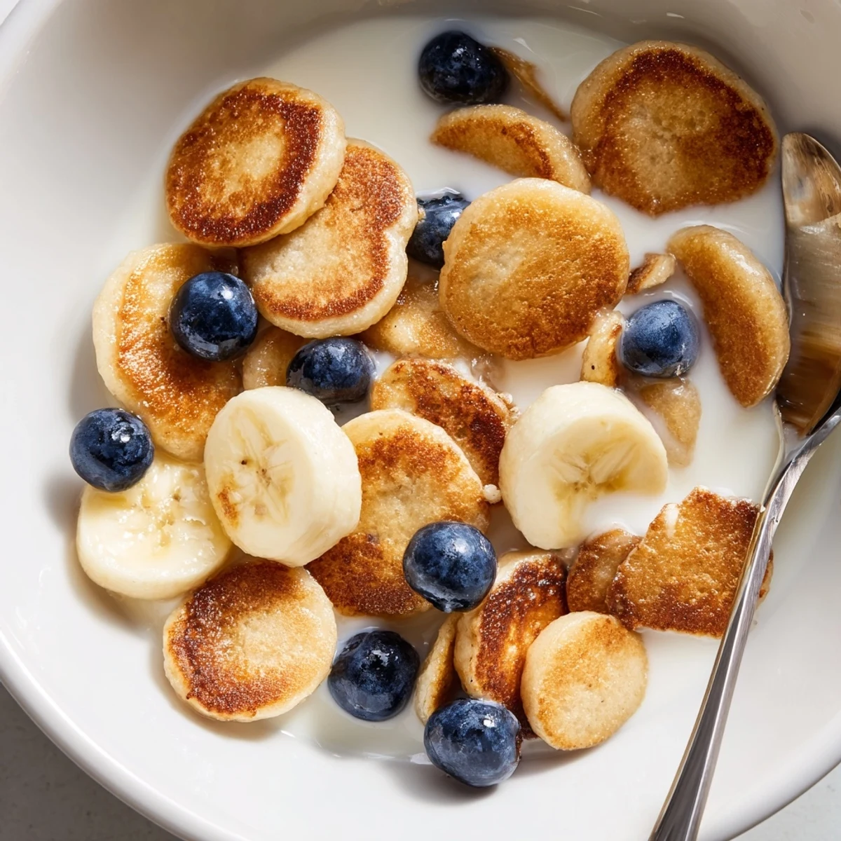Delicious mini pancake cereal, golden-brown bites topped with fresh berries and maple syrup.  