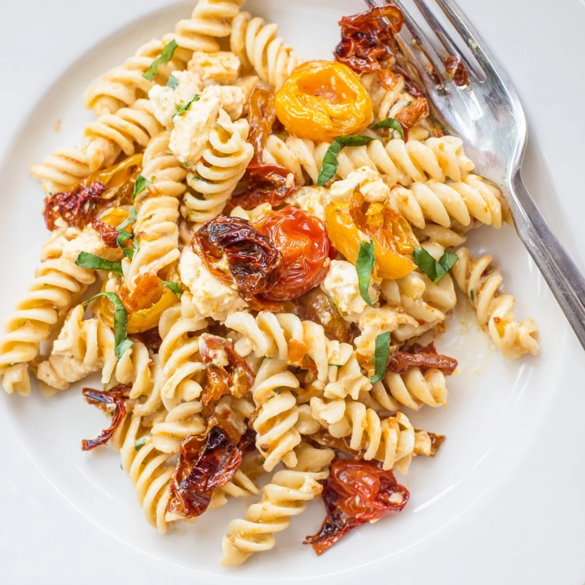 Creamy Baked Feta Pasta with caramelized onions and sun-dried tomatoes, perfect weeknight meal.  