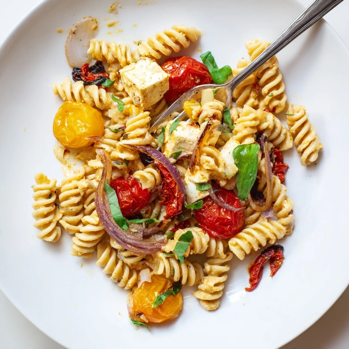 Rich Baked Feta Pasta topped with fresh basil and golden roasted tomatoes, a flavor delight.  