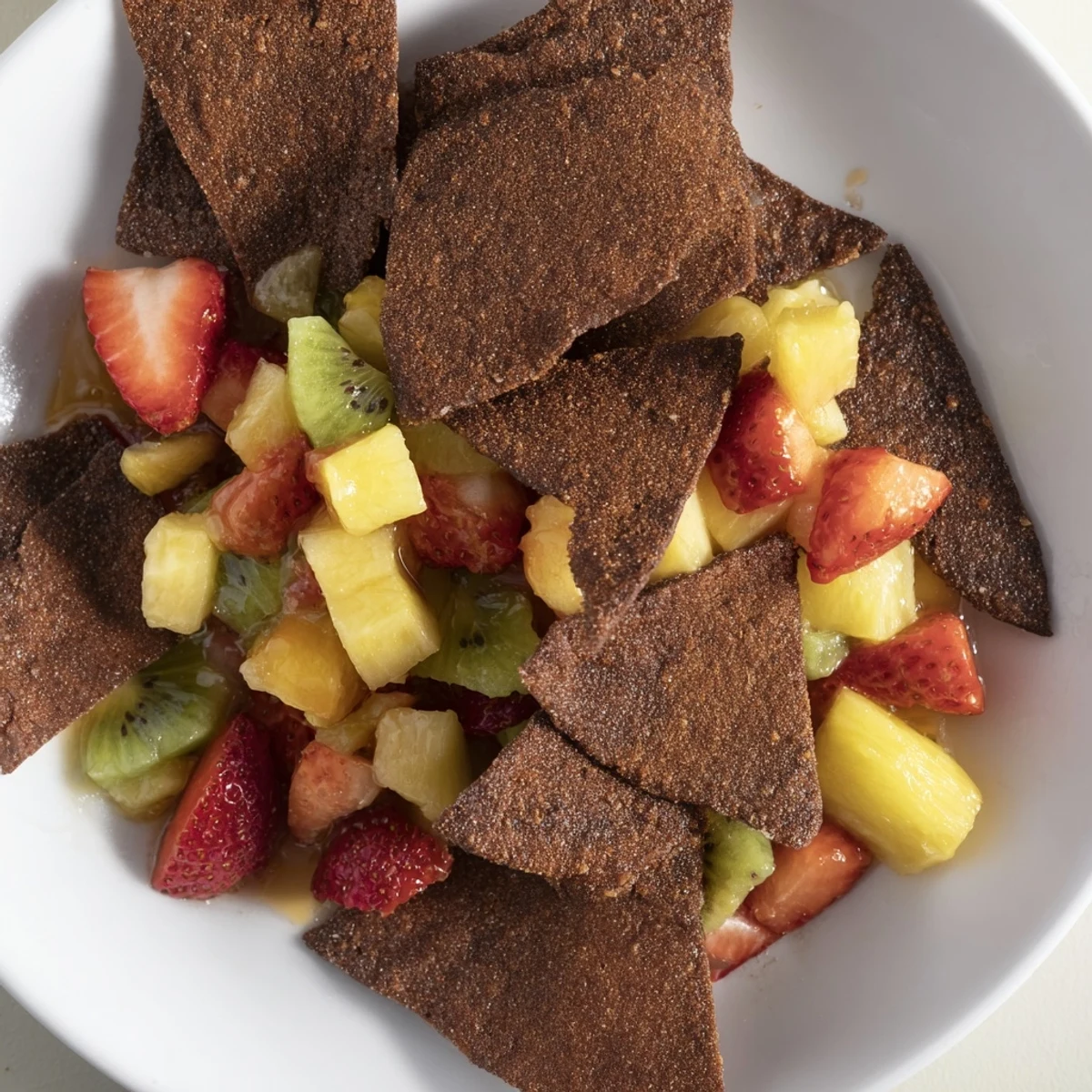 Crispy dessert chips and salsa featuring chocolate tortillas and vibrant fruit medley.  