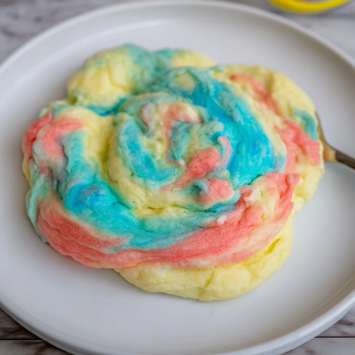 Fluffy cloud bread rainbow version bursting with vibrant colors, perfect for breakfast.  