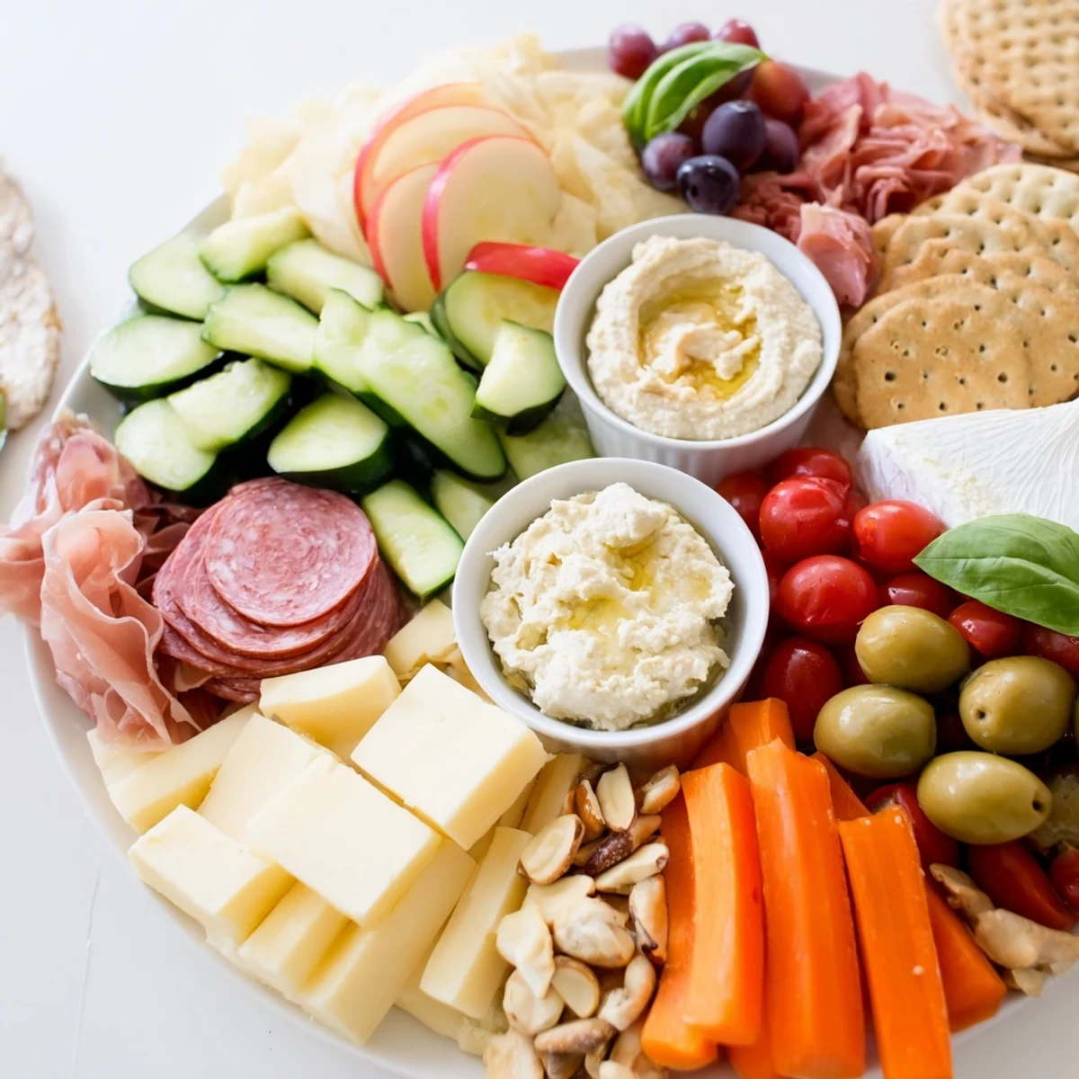 Delicious snacks, crunchy crackers, and creamy dips fill this girl dinner platter.