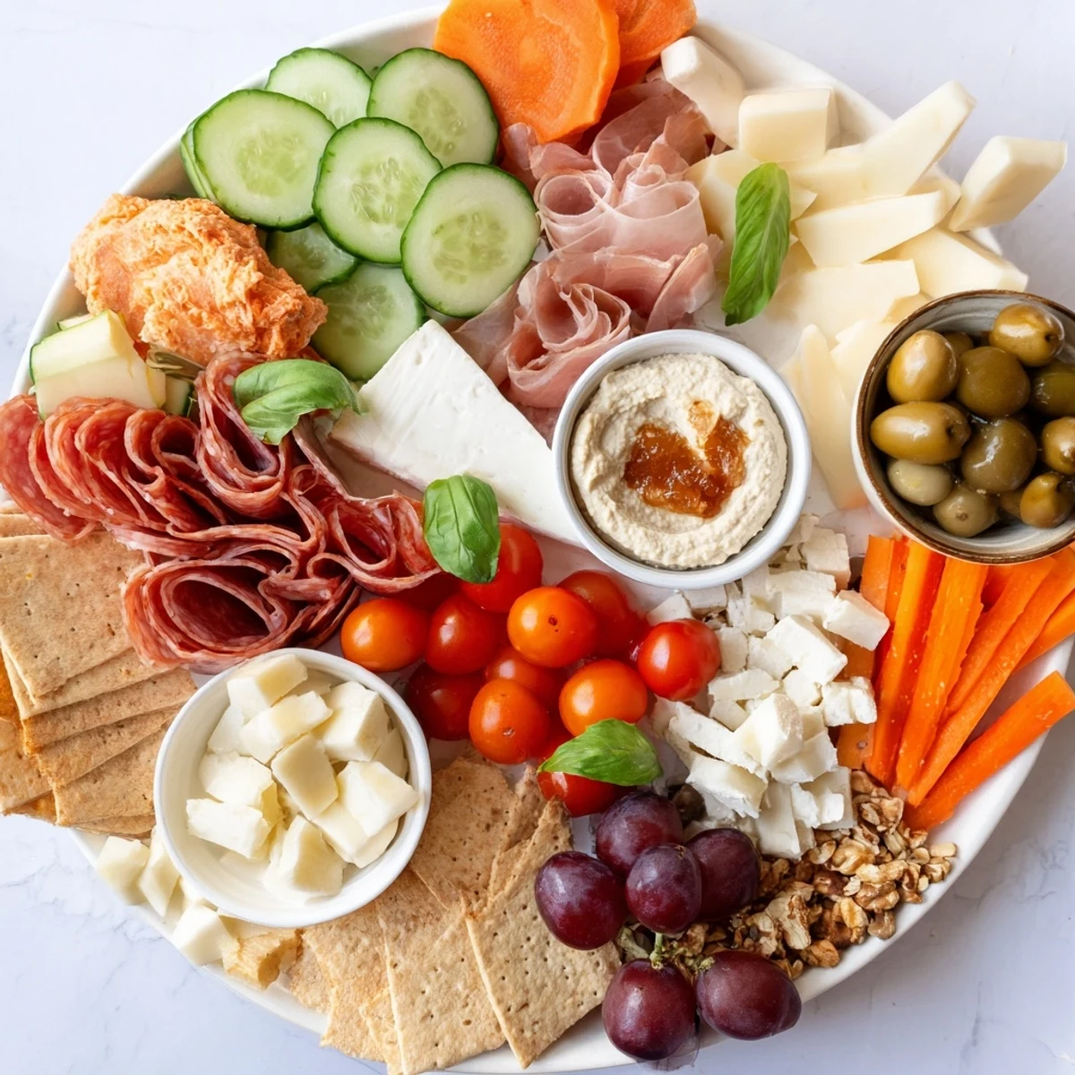 Colorful fruits and artisan cheeses beautifully arranged on a girl dinner platter.  