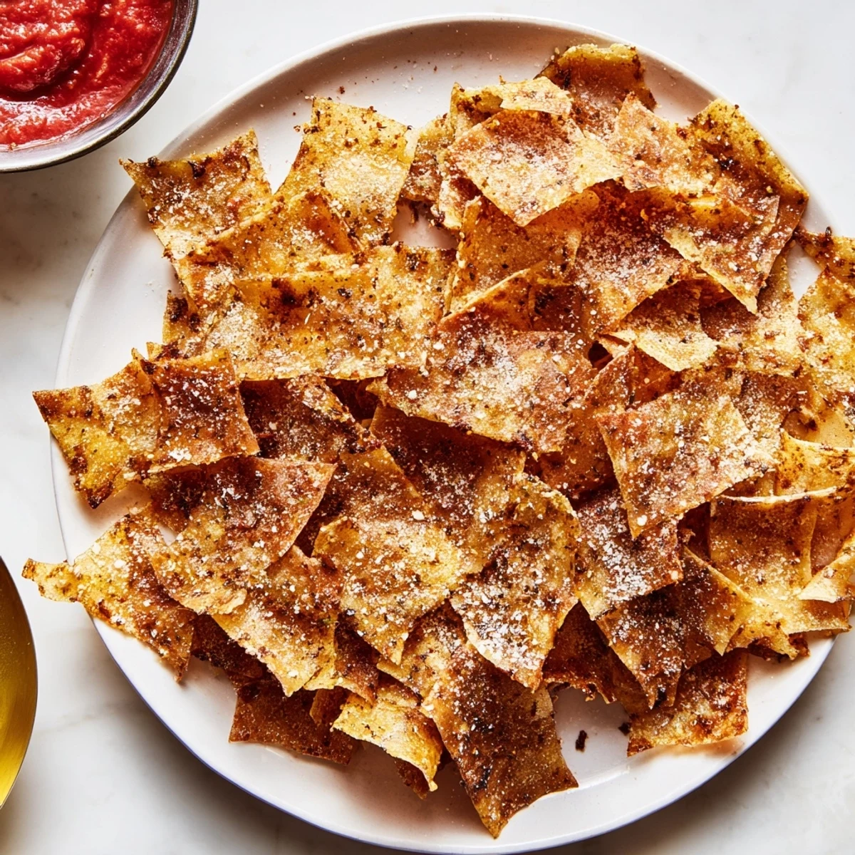 Golden brown pasta chips seasoned variety ready for dipping in marinara sauce.  