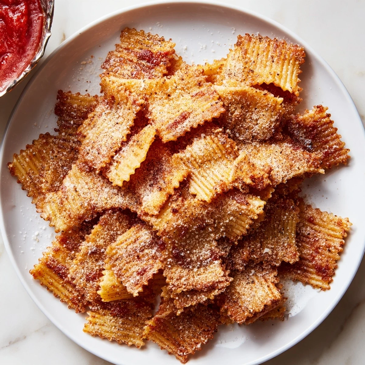 Flavor-packed seasoned pasta chips served warm, perfect for sharing with friends.