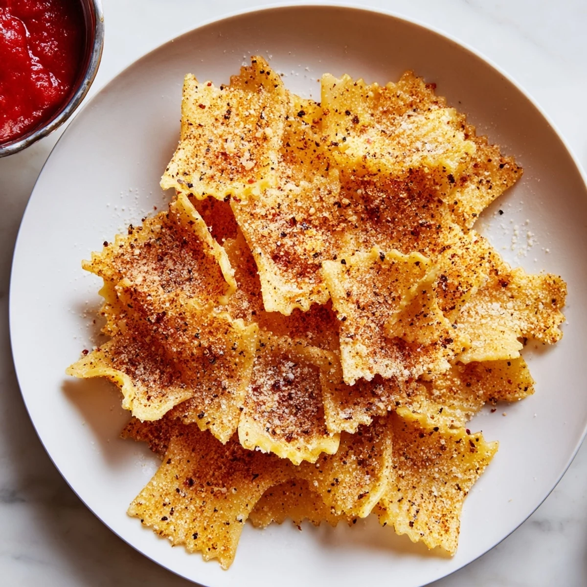 Crispy baked pasta chips coated with savory spices for a tasty snack delight.  