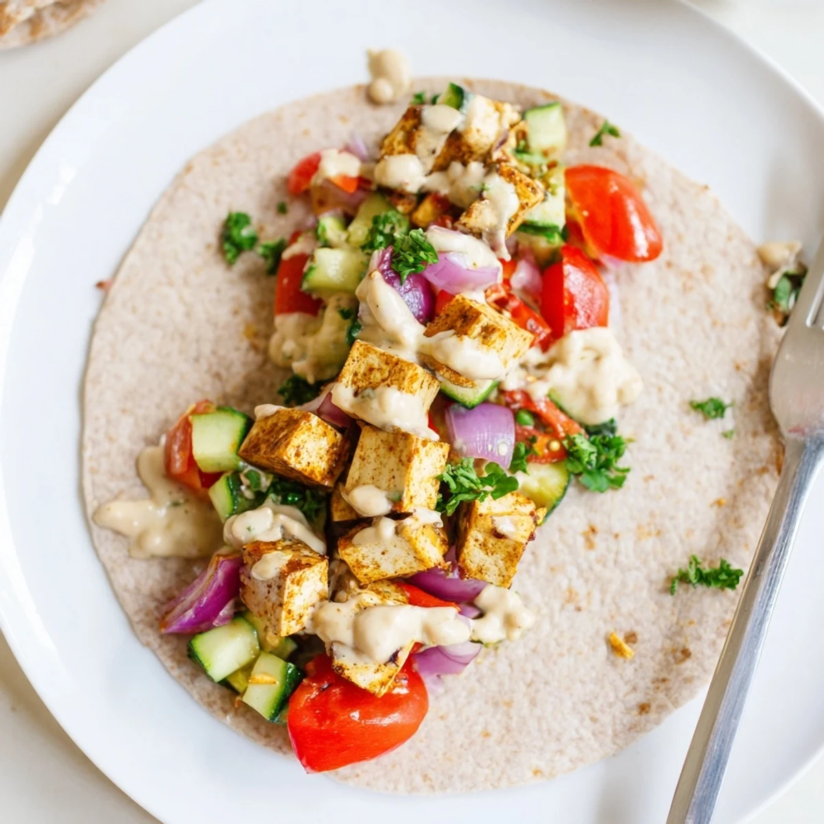 Roasted vegetables and tofu in a warm wrap for the Vegan Viral Recipe Re-make.  