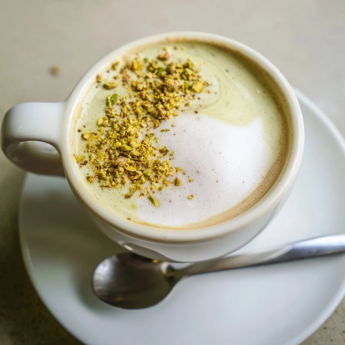 Homemade pistachio milk latte served warm, perfect for your coffee cravings.