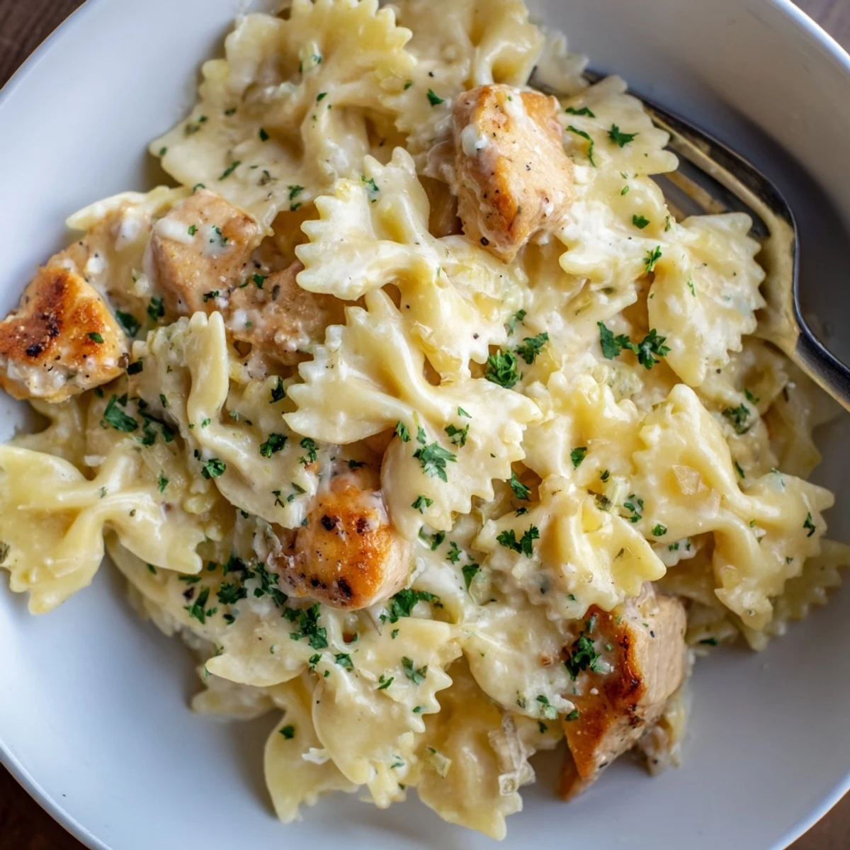 Creamy Mozzarella Garlic Butter Chicken Bowties, served with parsley and extra cheese.  