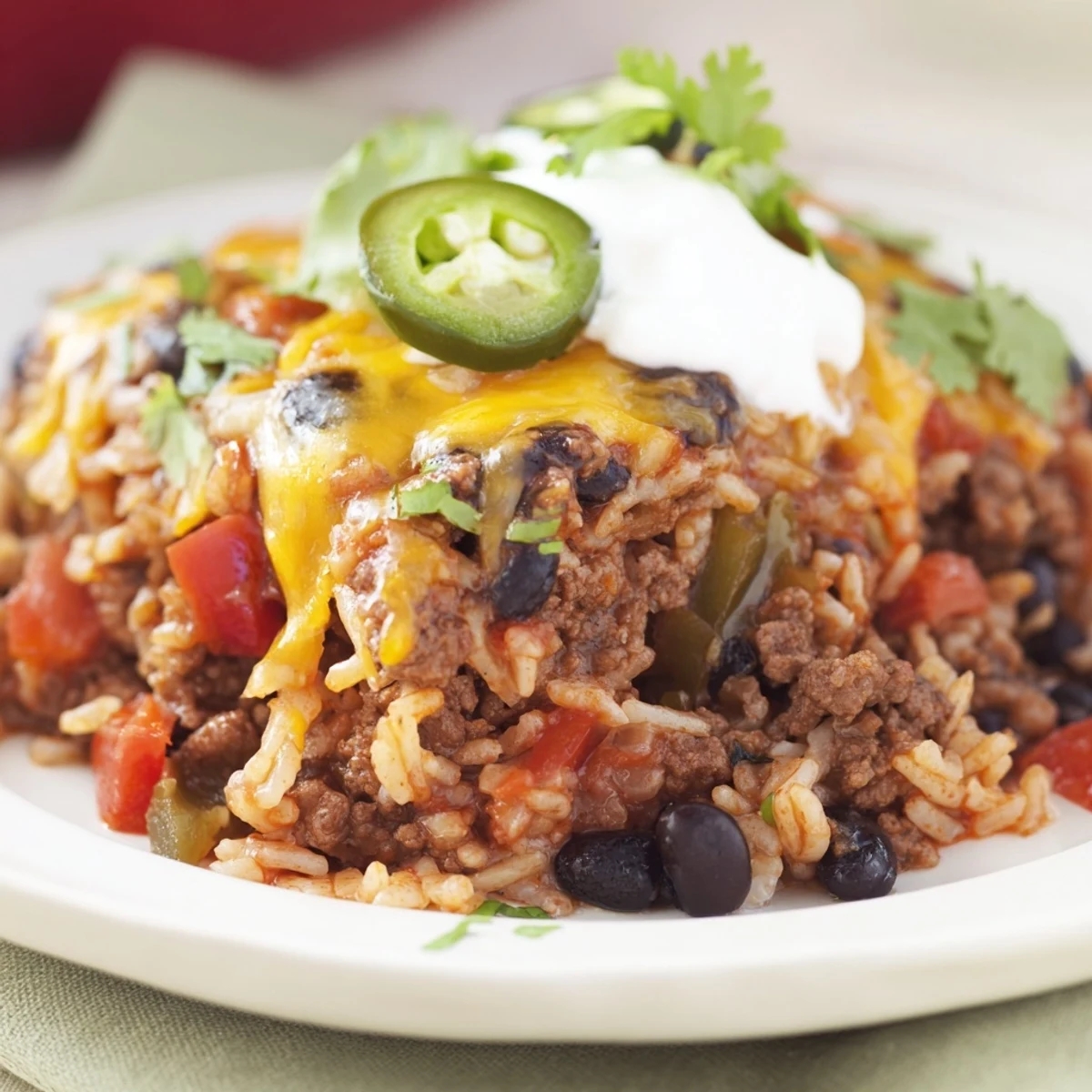 Warm Tex-Mex Beef & Rice Casserole, richly packed with spices and delicious textures.