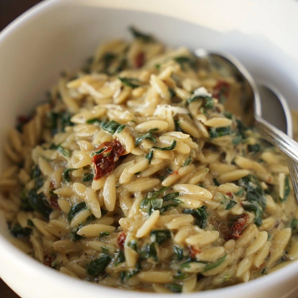 Savor a delicious Creamy Tuscan Orzo Bowl, perfect for a cozy vegetarian dinner.