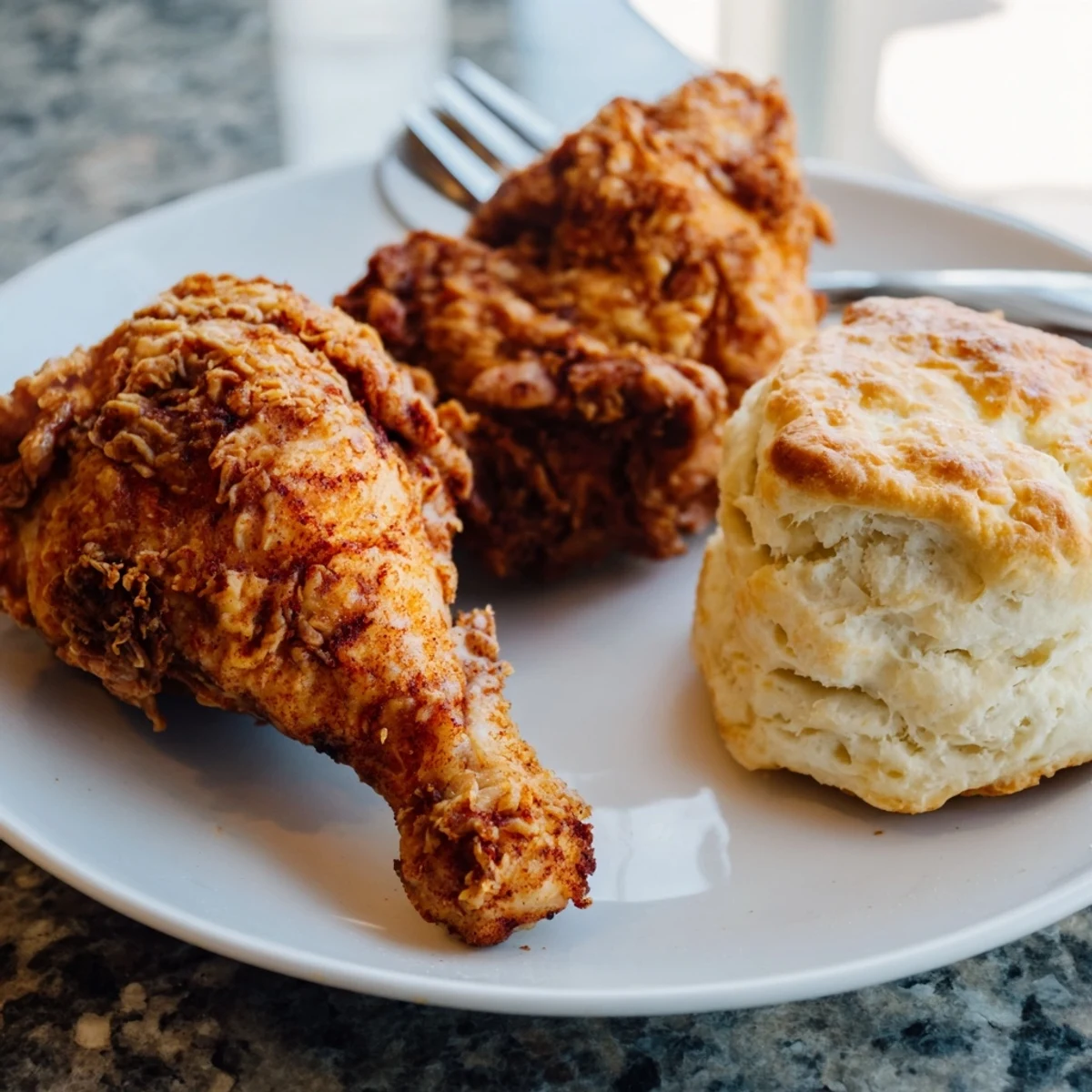 Delicious buttermilk biscuits complementing juicy Southern fried chicken at the dinner table.  
