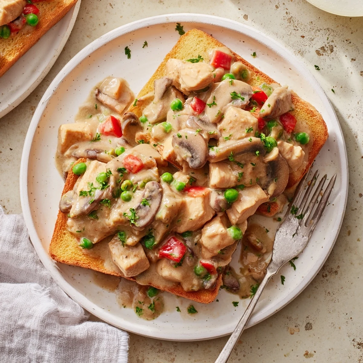 Delicious chicken à la king over crispy buttered toast, perfect for brunch.  