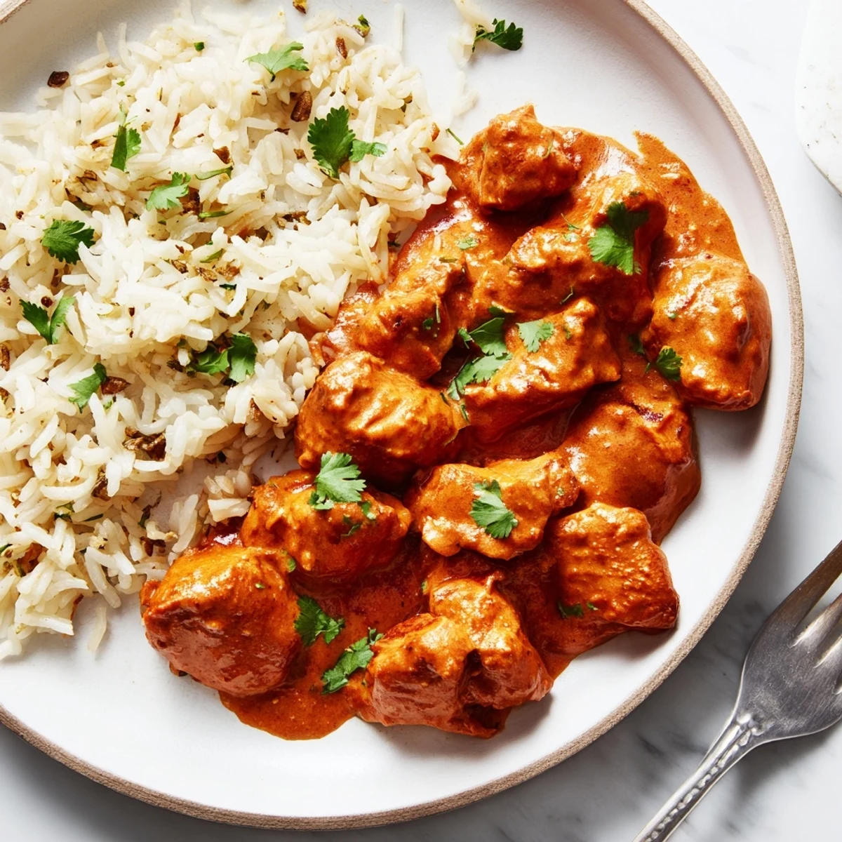 Rich butter chicken dish alongside fluffy basmati rice pilaf, perfect for comfort food.  