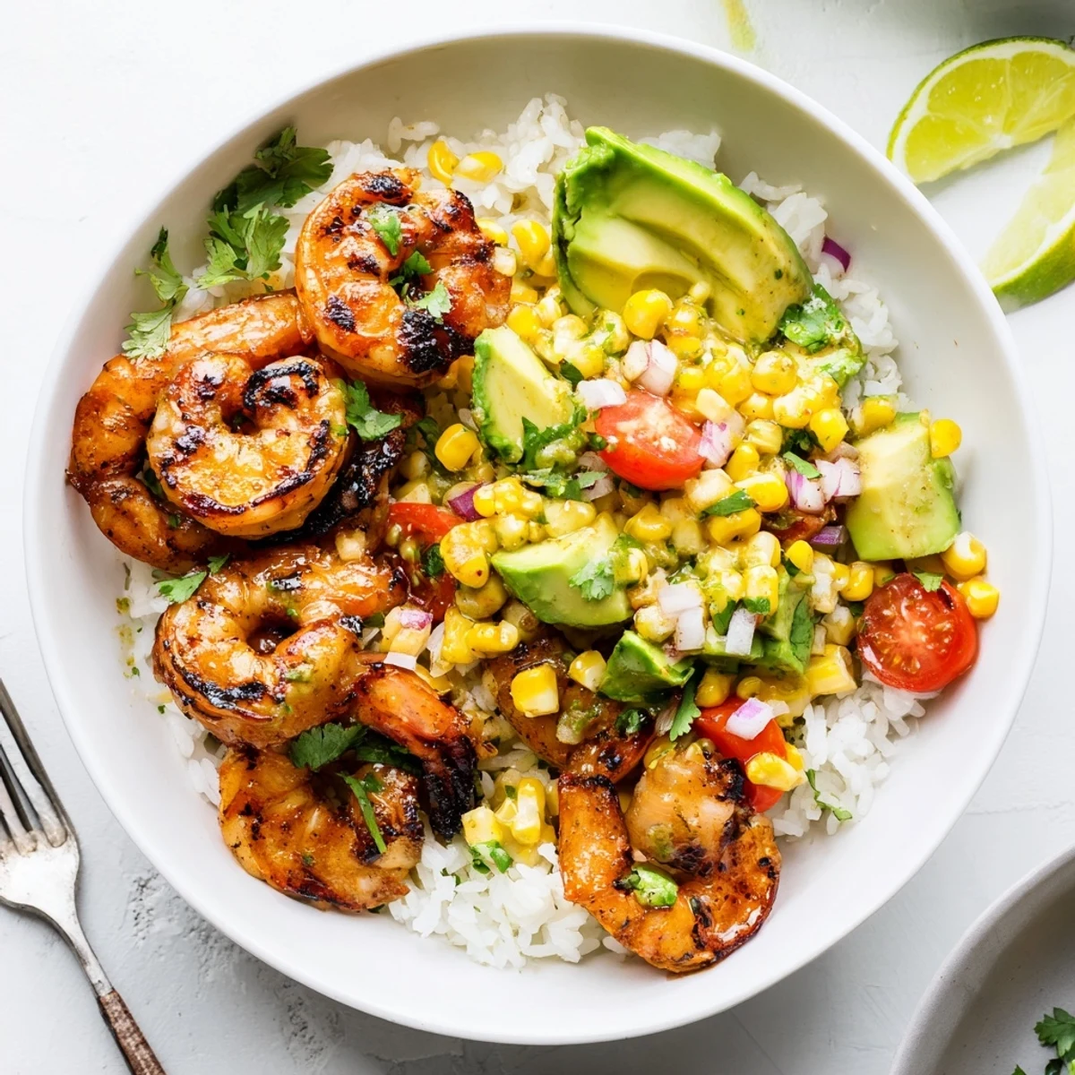 Enjoy a vibrant Easy Grilled Shrimp Bowl topped with fresh avocado corn salsa.  