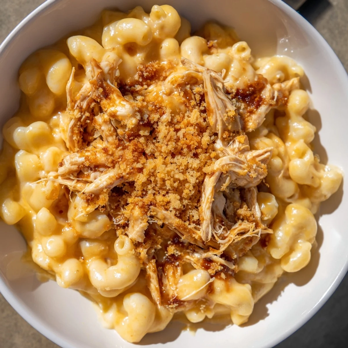 Smoky BBQ chicken topping creamy, cheesy Classic Mac & Cheese, bubbling hot from the oven with a crunchy breadcrumb topping.