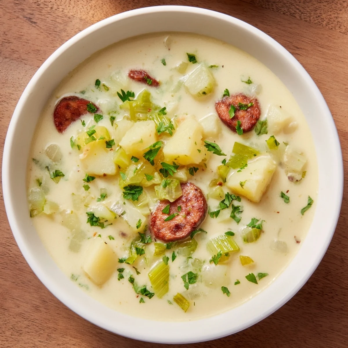 Creamy Potato, Leek & Chorizo Soup, garnished with parsley, ready to be served in a warm bowl.