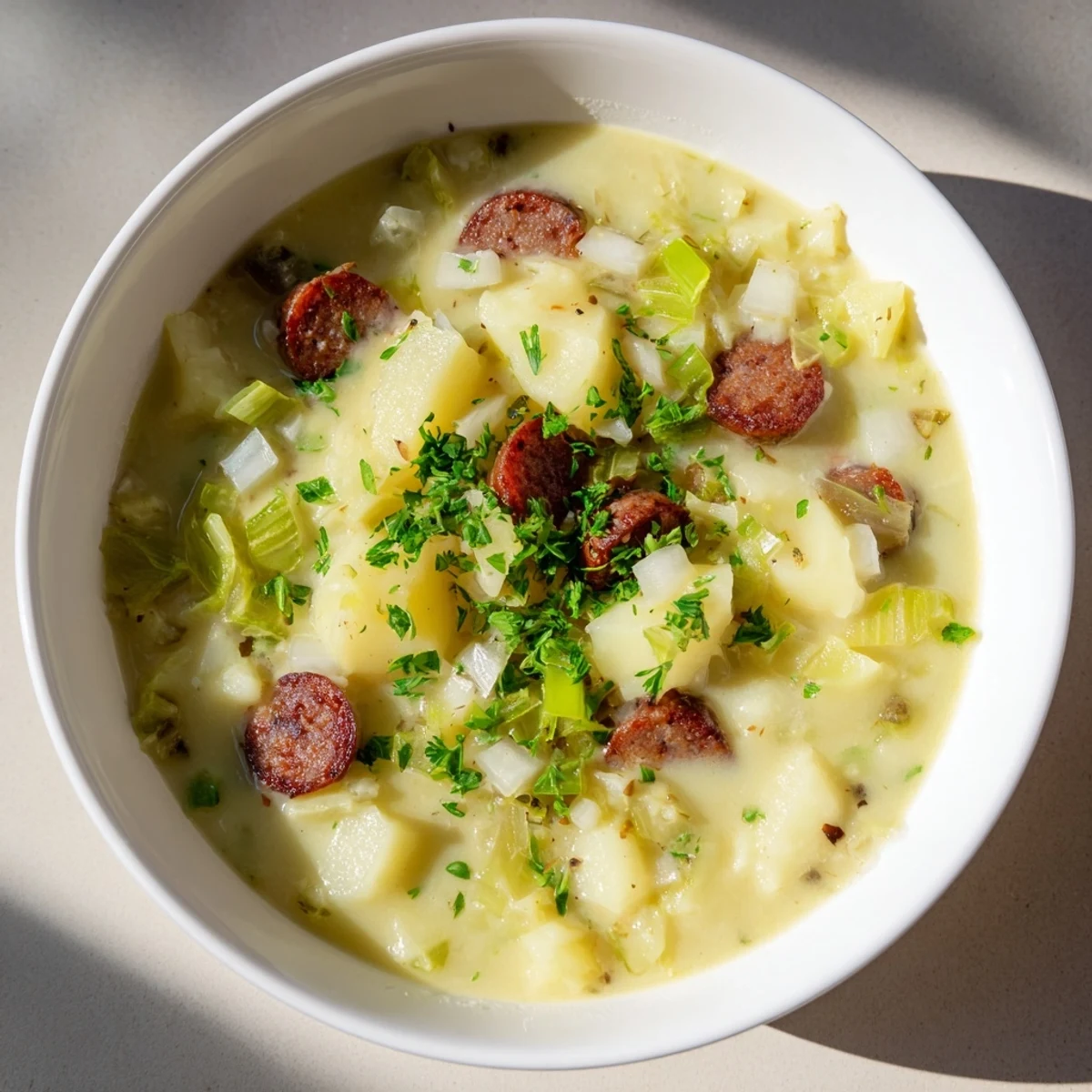A vibrant close-up captures hearty Potato, Leek & Chorizo Soup, rich with chorizo and a creamy texture.