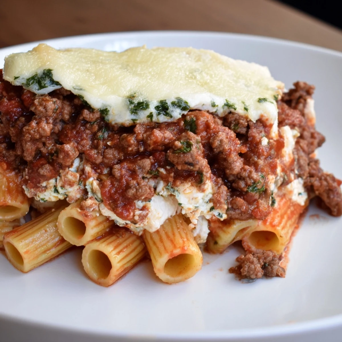 Golden, bubbly Baked Ziti with a rich meat sauce, cheese, and perfectly cooked pasta.