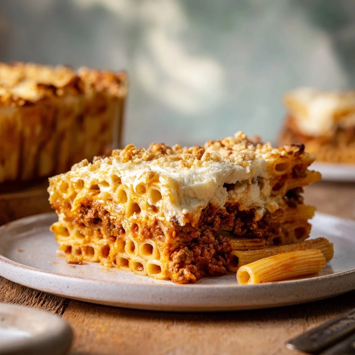 Golden brown Greek Pastitsio, a hearty layered casserole with rich béchamel, ready to enjoy.