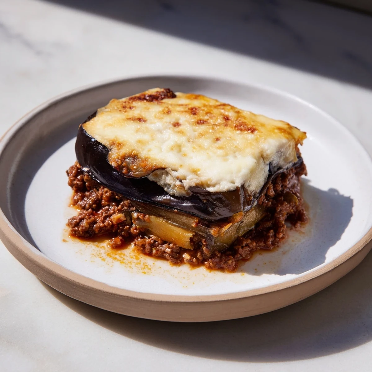 A hearty slice of Moussaka with browned beef and creamy béchamel, fresh from the oven.