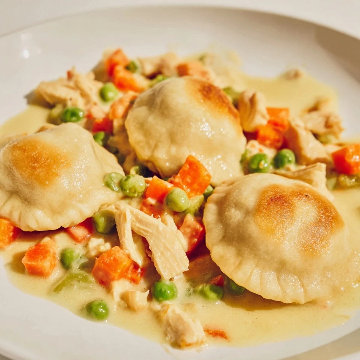 Golden, bubbly crust tops this warm Chicken and Dumplings Casserole, ready for a comforting meal.