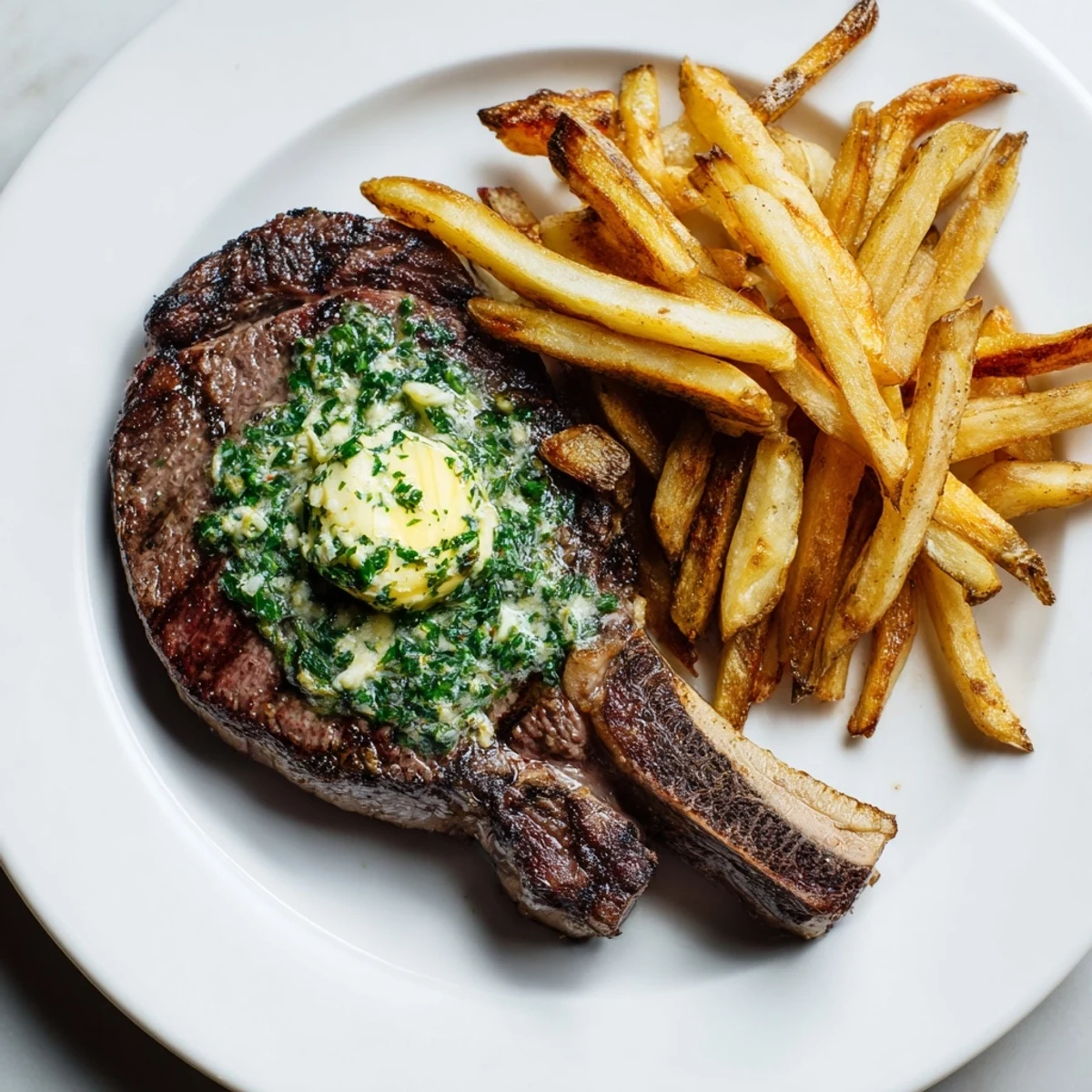 Juicy Steakhouse Garlic Butter Steak & Fries, seared to perfection and topped with melting garlic herb butter.