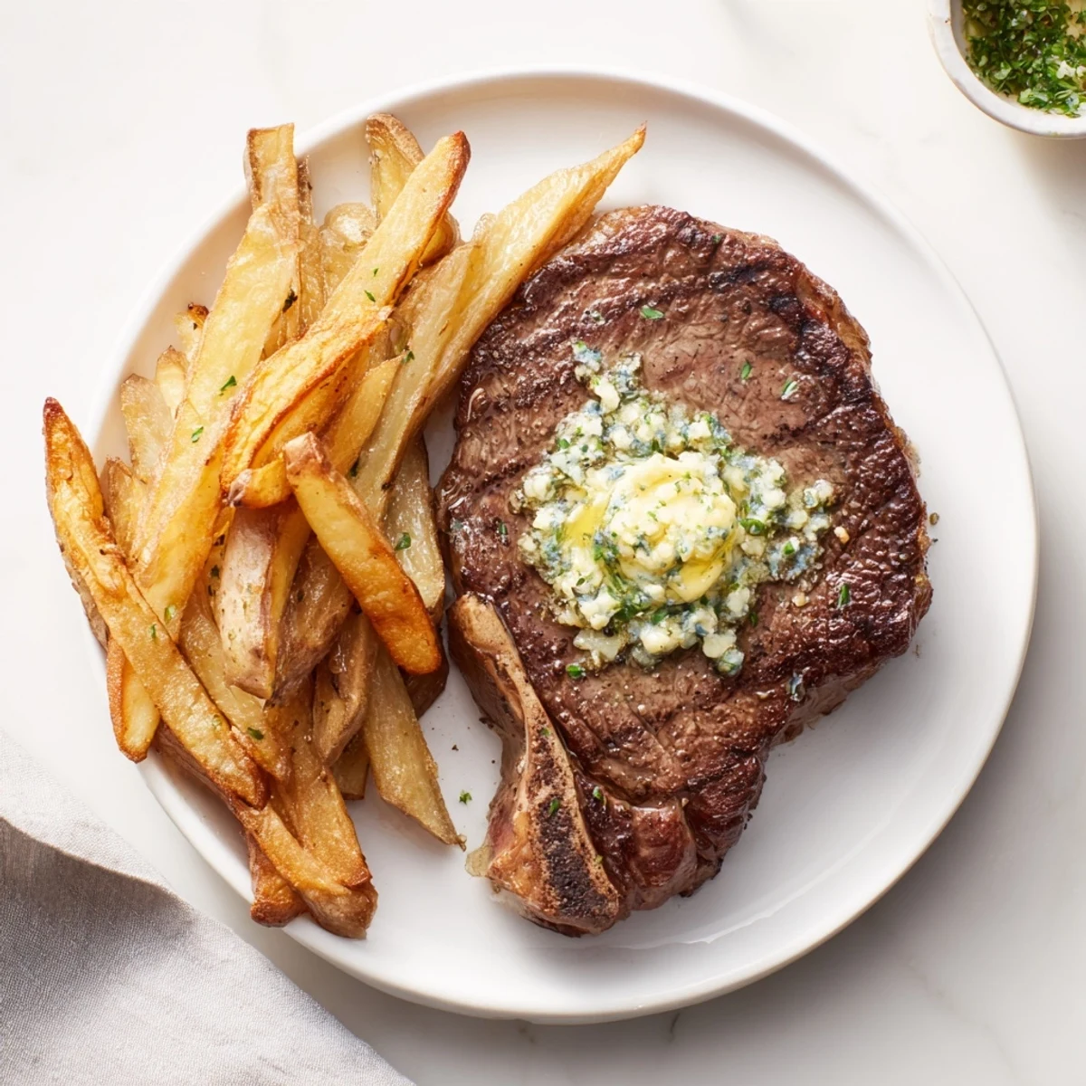 Golden and crispy fries alongside a tender Steakhouse Garlic Butter Steak, a classic American meal.