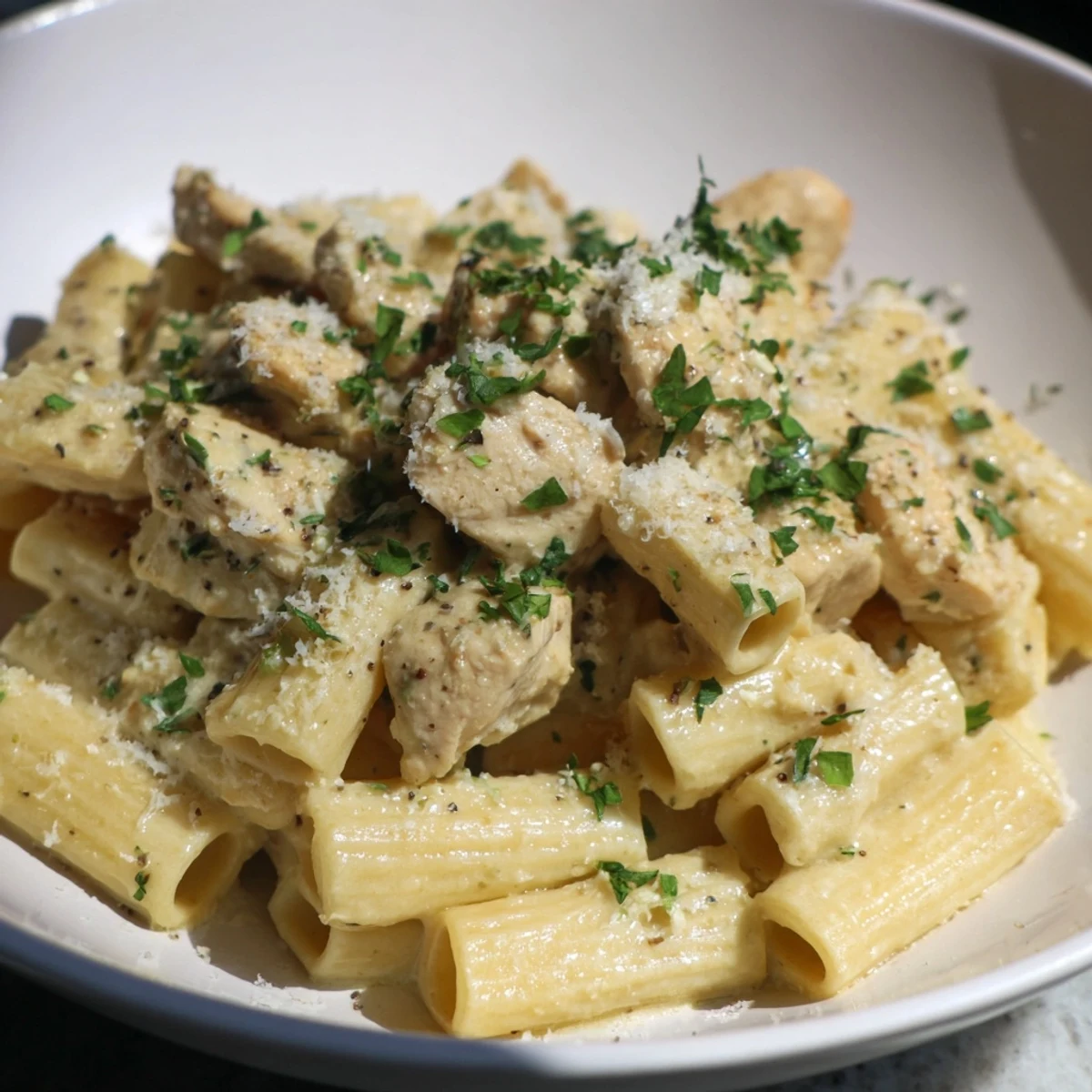 Creamy Garlic Parmesan Chicken Rigatoni with golden chicken and rich, bubbling, white sauce, ready to serve.