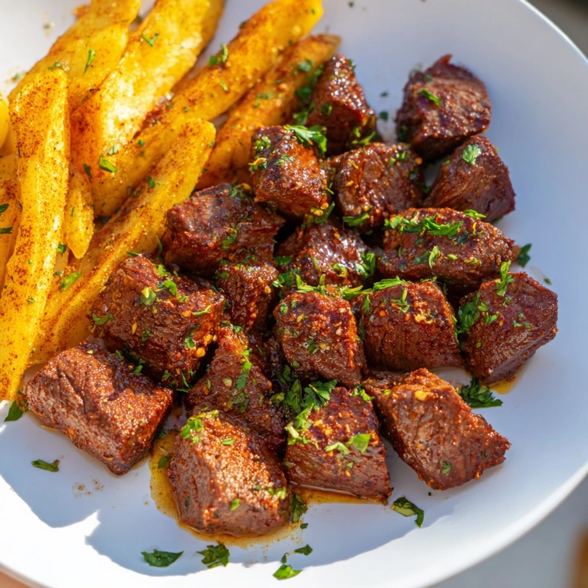 Blackened Cajun Steak Bites with crispy fries, sizzling with spice and beautifully browned, ready to enjoy.
