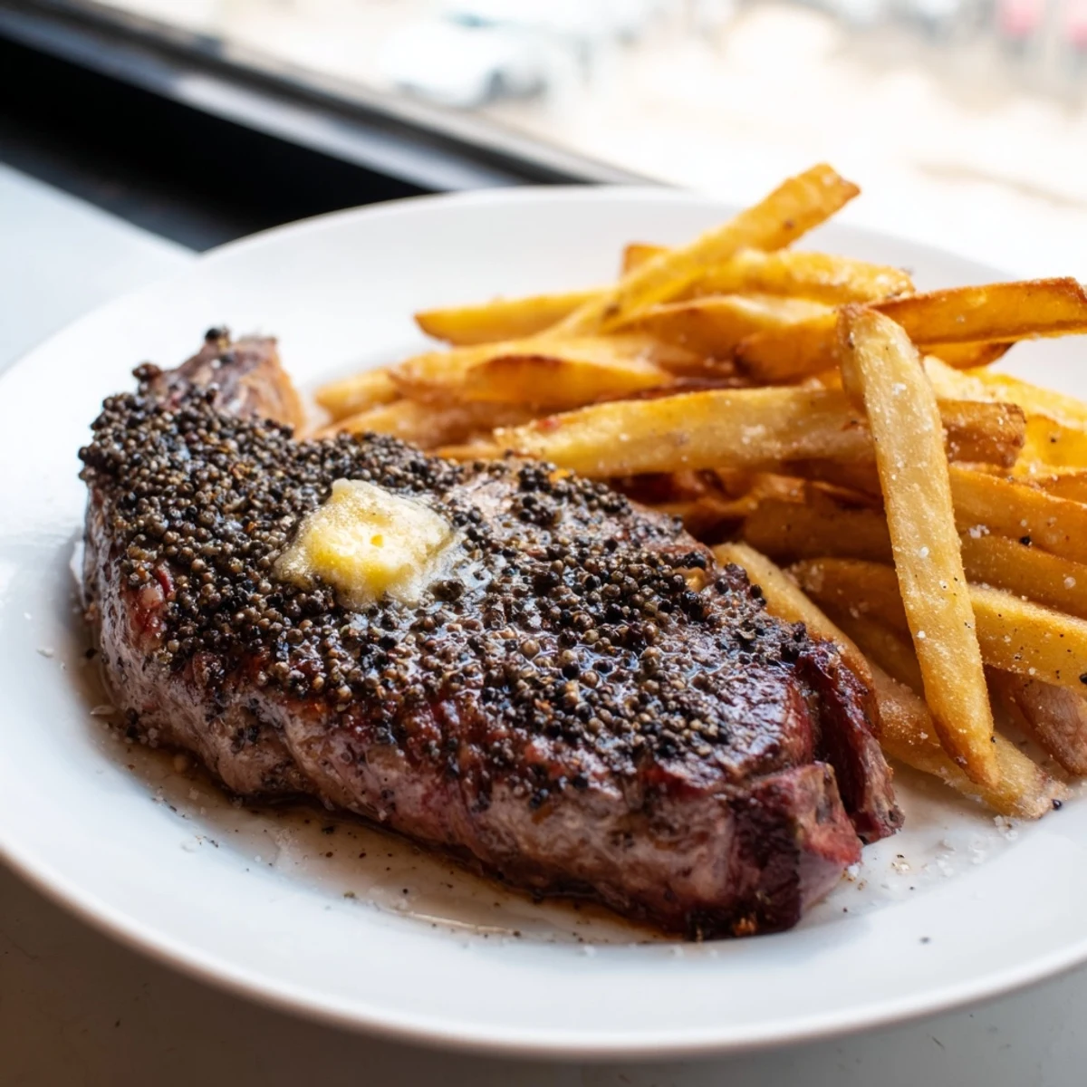 Golden, crispy fries alongside a perfectly seared Classic Peppercorn Ribeye, ready to be devoured.